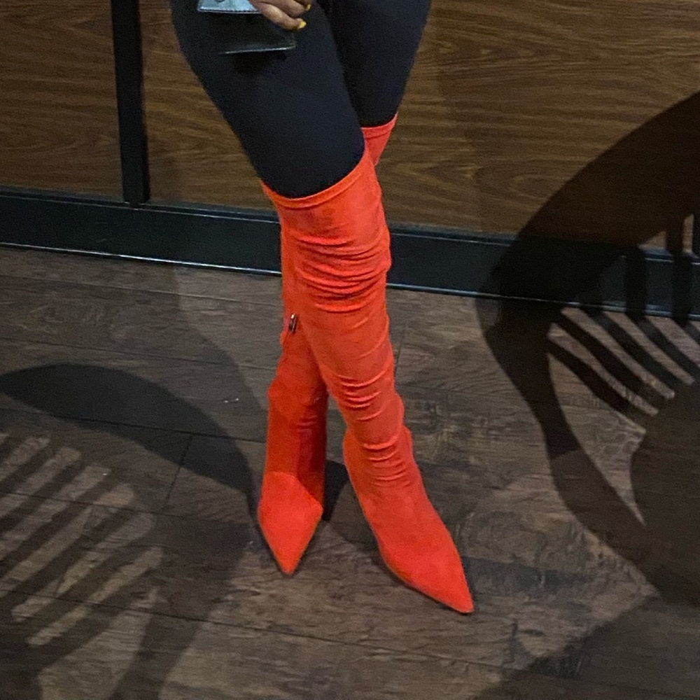 Red thigh high boots